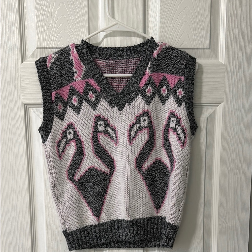 Vintage Pink and Gray Flamingo Pattern Sweater Vest